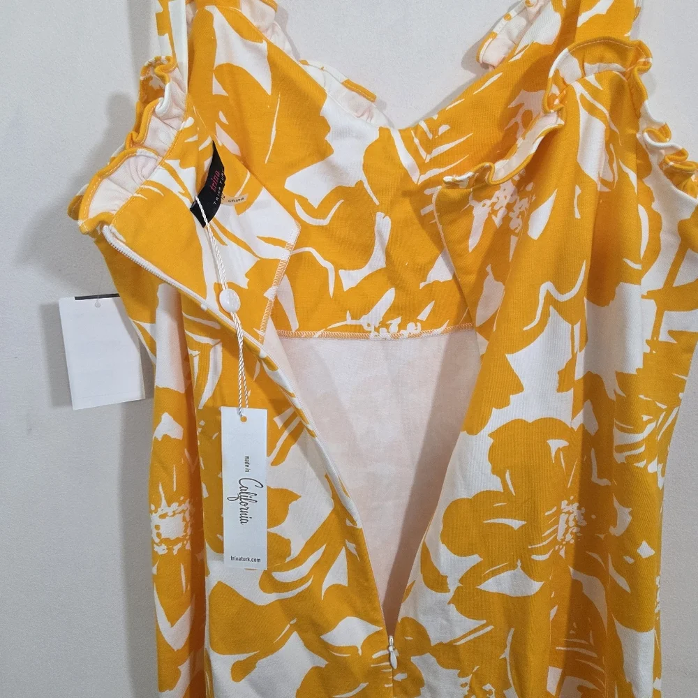 NWT Trina Turk Zile Dress Yellow Floral Size 12 Ruffle Sheath Sleeveless Midi - Picture 9 of 12